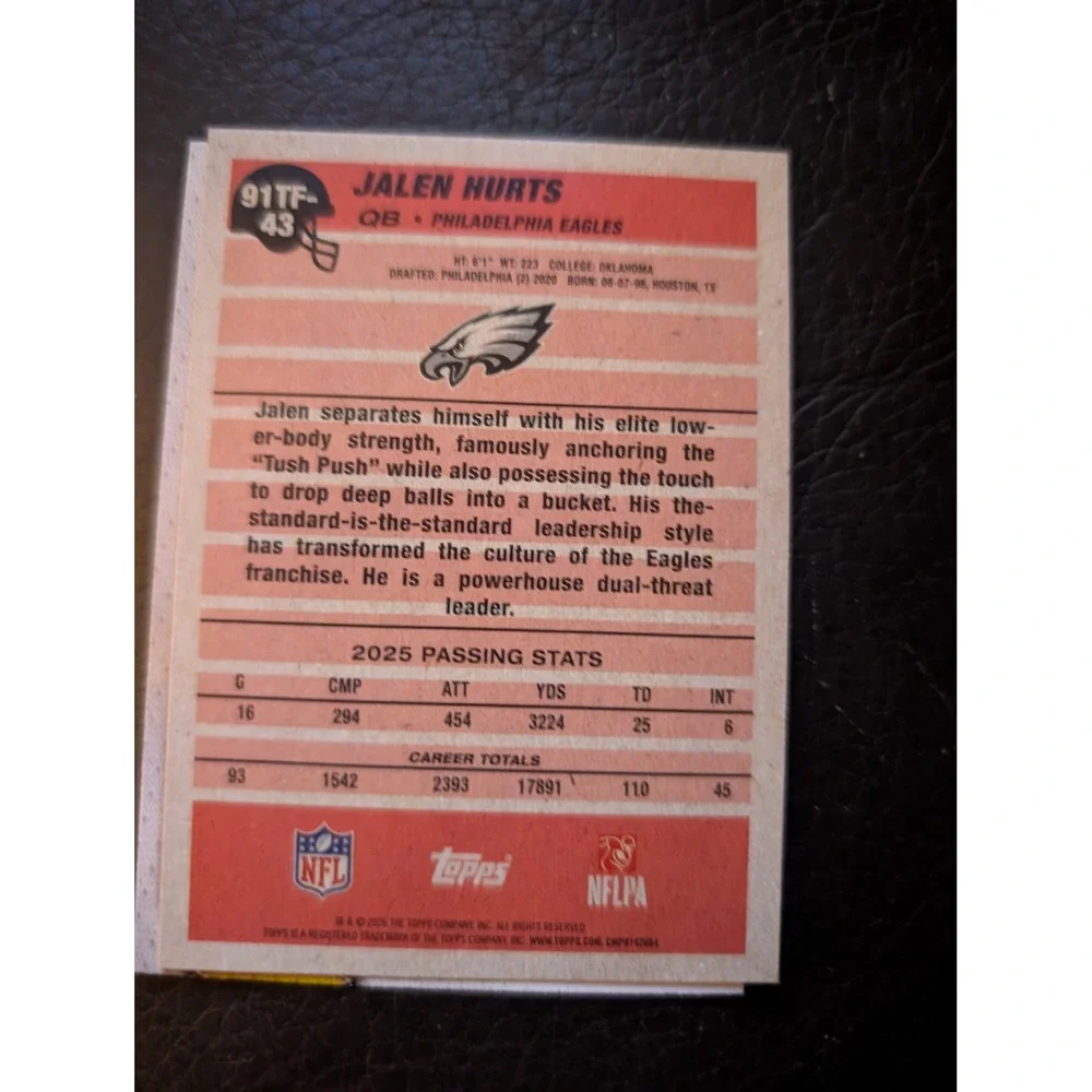 2024 Topps Jalen Hurts Philadelphia Eagles 1989 35th Anniversary 91TF-43 QB